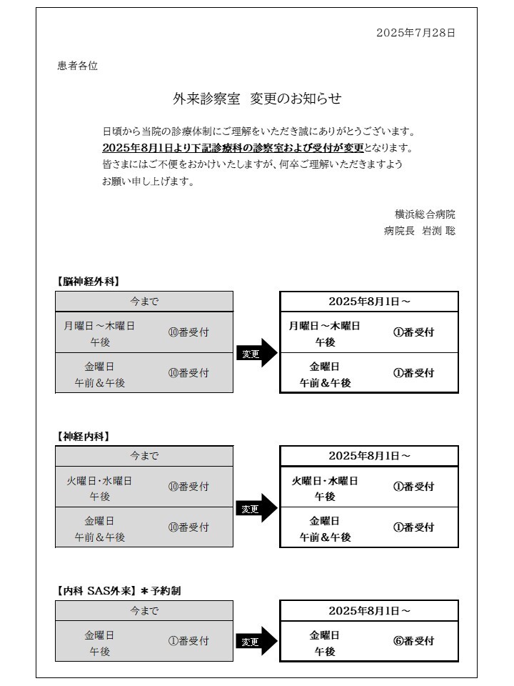 外来診察室 変更のお知らせ